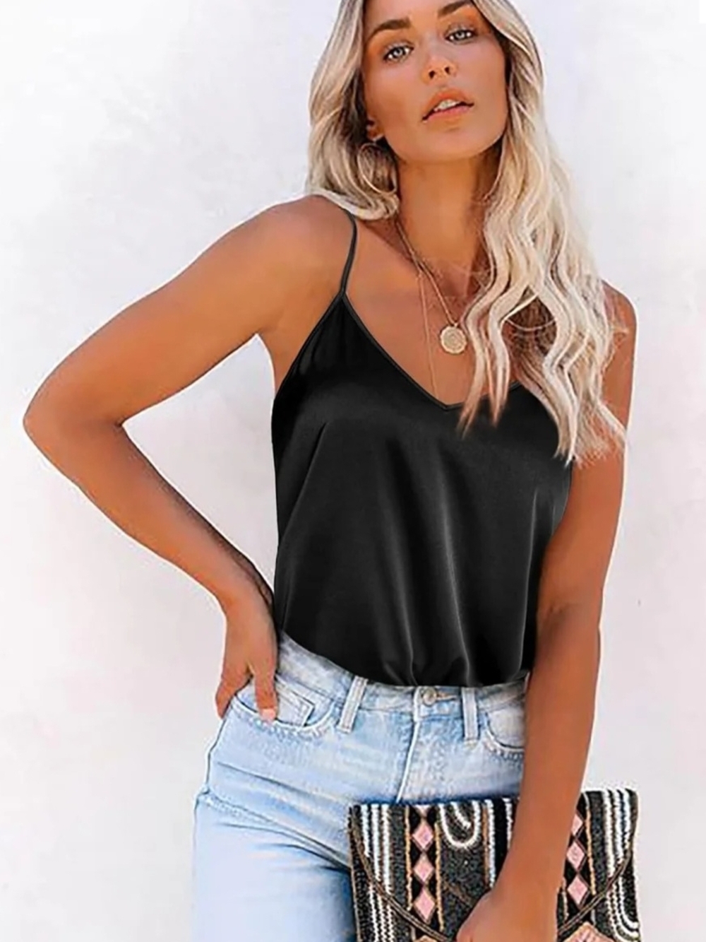 Satin Black V-Neck Cami Top - Women
